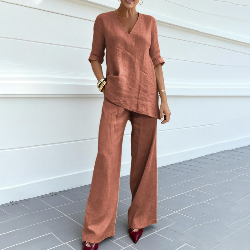 Conjunto de lino y algodón para mujer con pantalón ancho