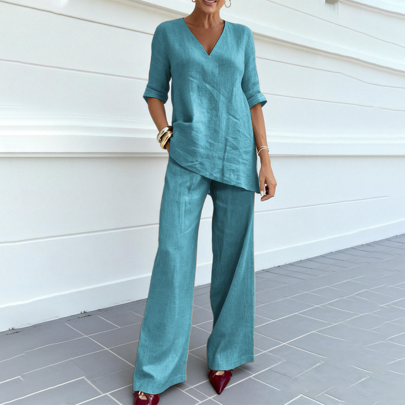 Conjunto de lino y algodón para mujer con pantalón ancho