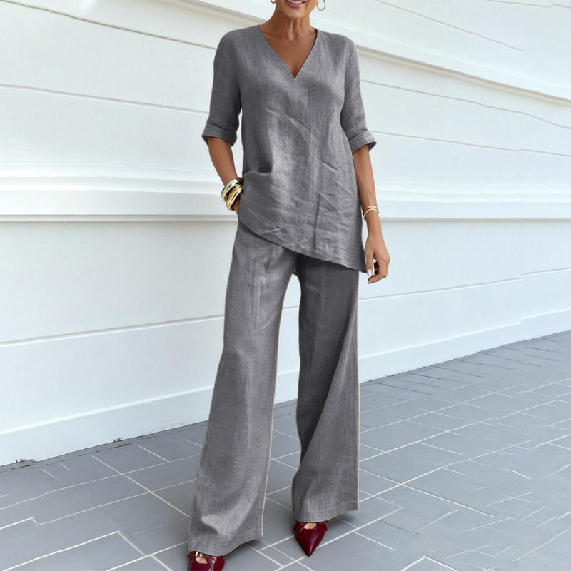 Conjunto de lino y algodón para mujer con pantalón ancho