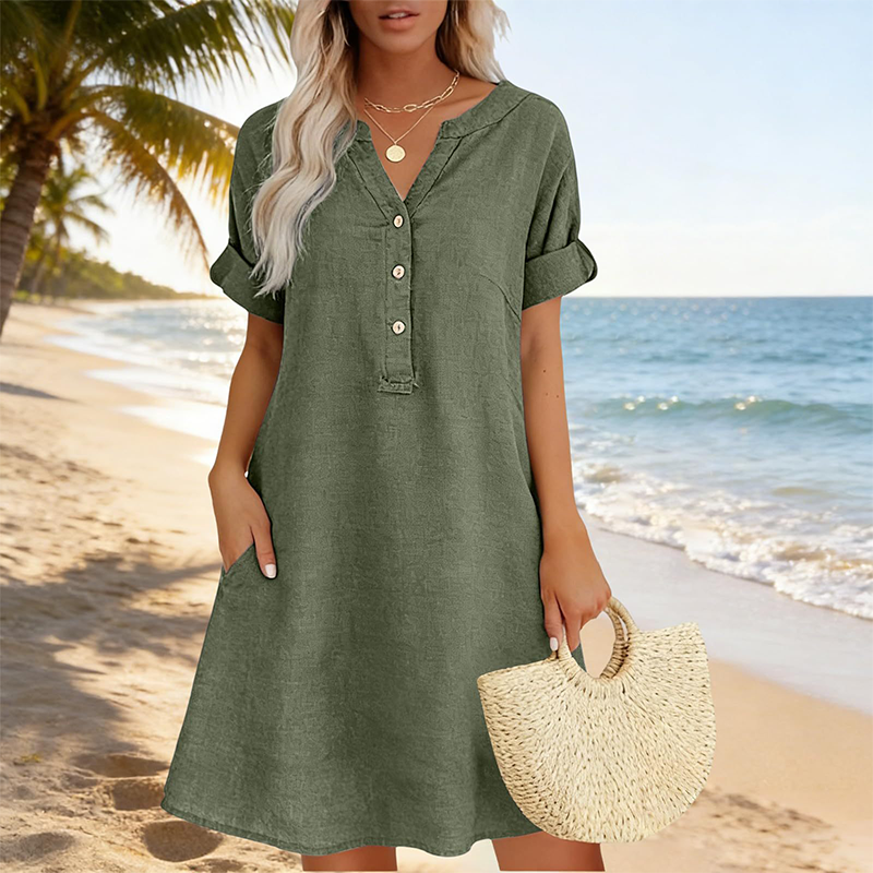 Vestido túnica de algodón para damas con cuello en V y bolsillos