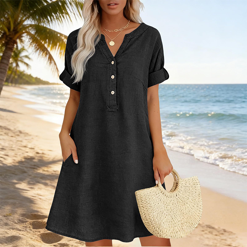 Vestido túnica de algodón para damas con cuello en V y bolsillos