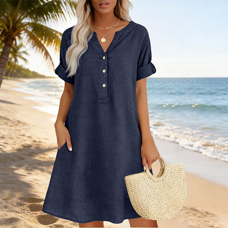 Vestido túnica de algodón para damas con cuello en V y bolsillos