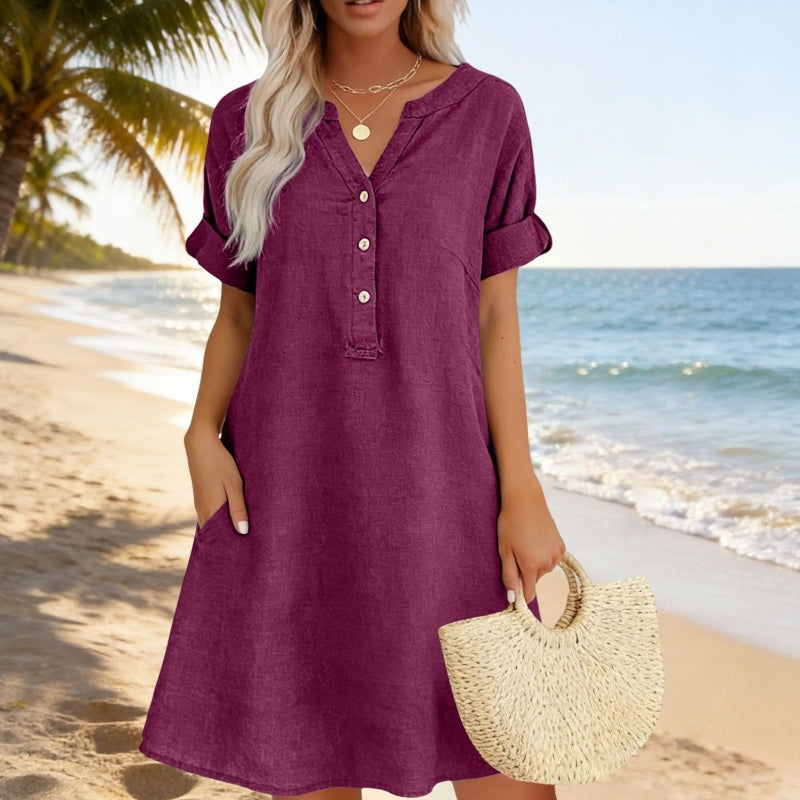 Vestido túnica de algodón para damas con cuello en V y bolsillos