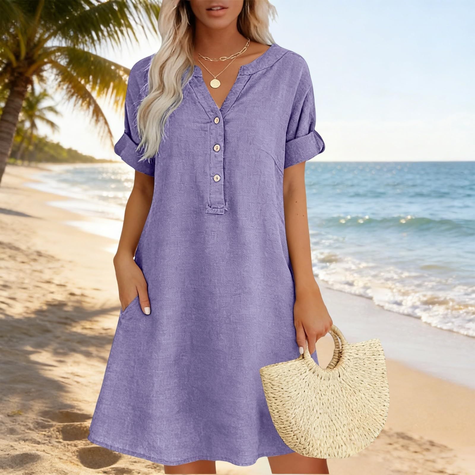 Vestido túnica de algodón para damas con cuello en V y bolsillos