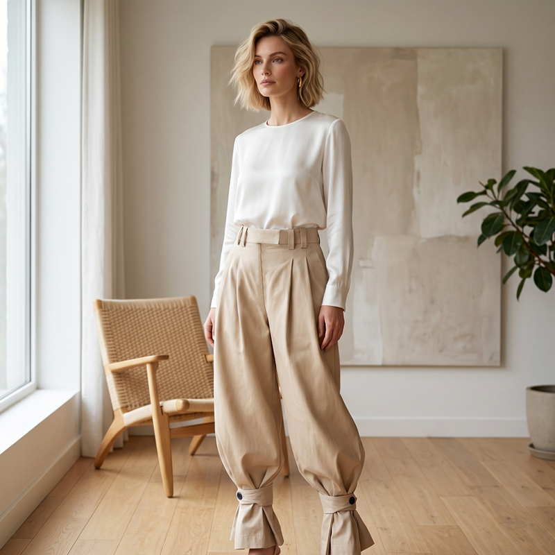 Pantalón plisado de mujer con puños acampanados elegantes