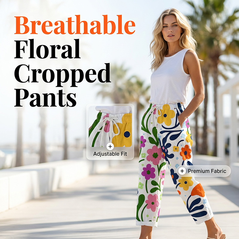 Pantalón floral de poliéster con cintura elástica para verano