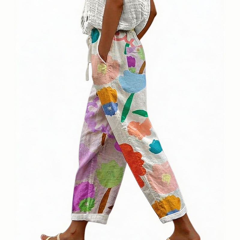 Pantalón floral de poliéster con cintura elástica para verano