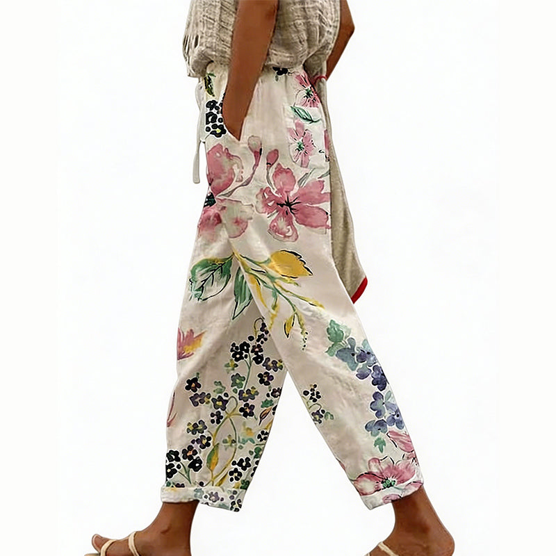 Pantalón floral de poliéster con cintura elástica para verano