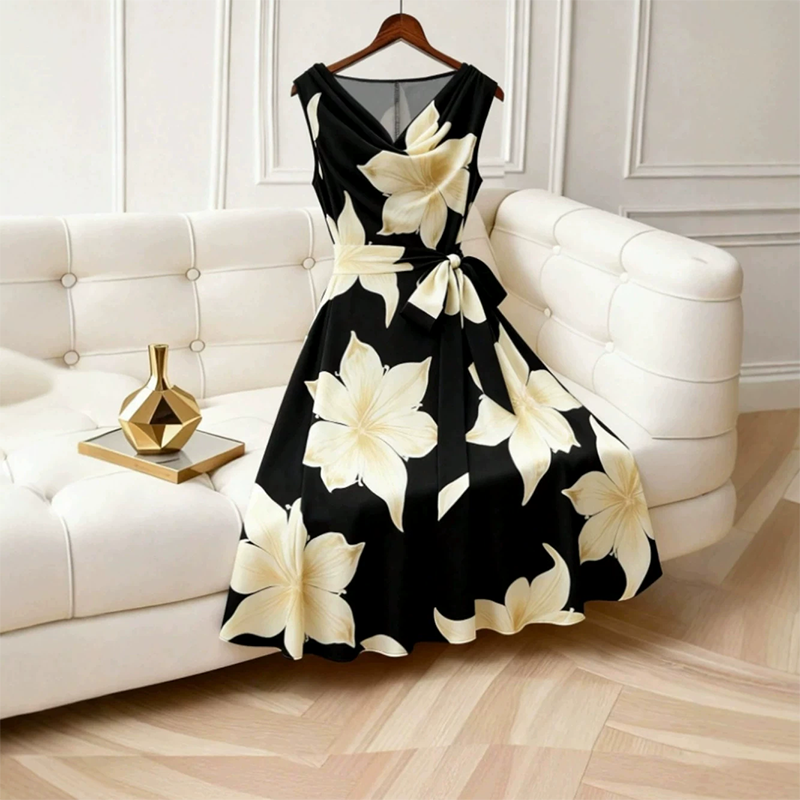 Vestido midi floral para mujer sin mangas con cintura atada