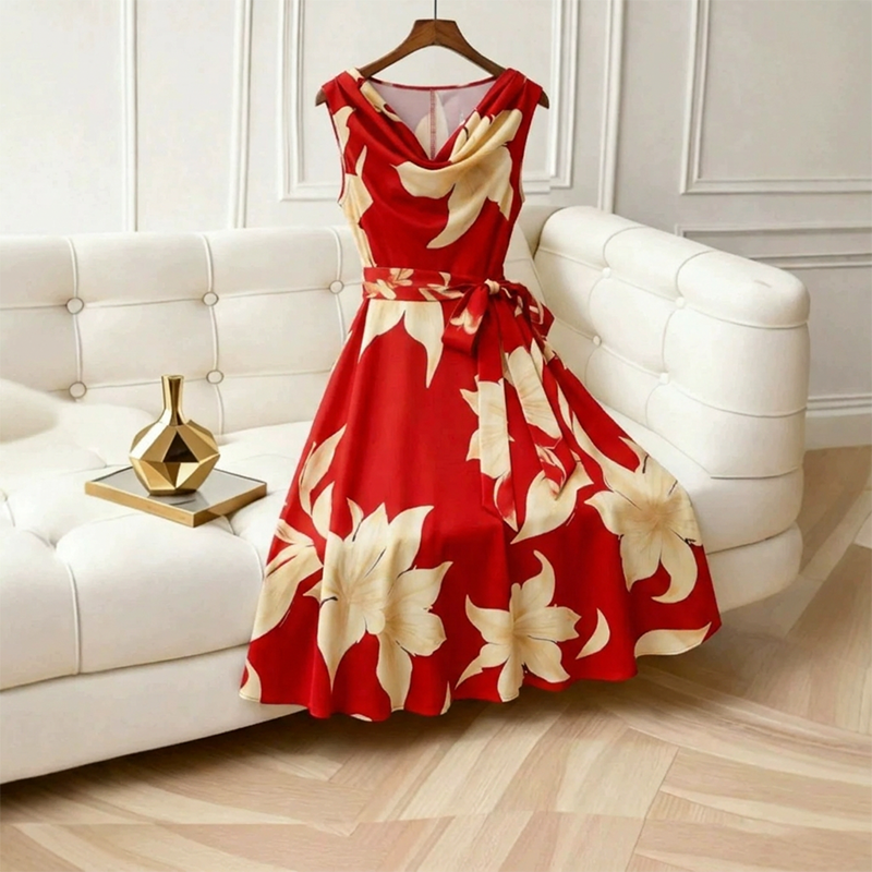 Vestido midi floral para mujer sin mangas con cintura atada