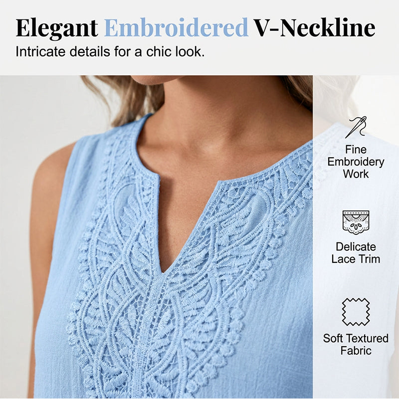Vestido de verano para mujer de algodón y lino con escote en V bordado