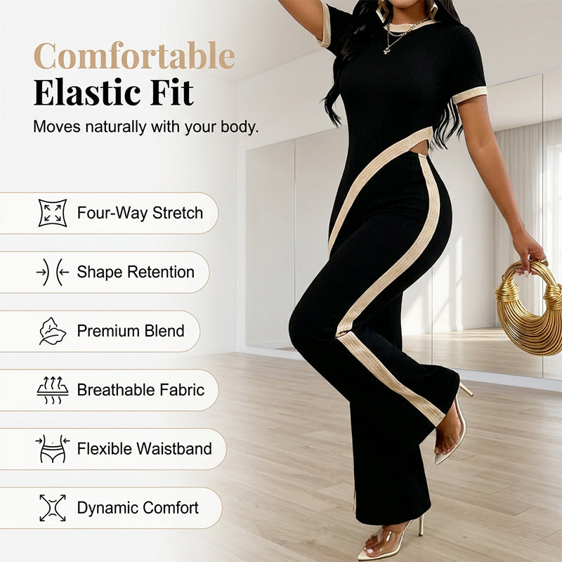 Conjunto de mujer asimétrico con pantalón acampanado de contraste