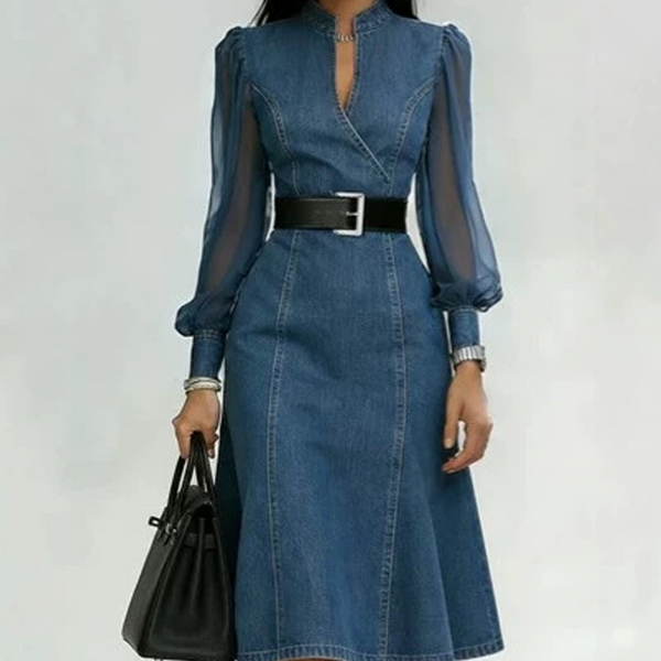 Vestido midi para mujer efecto denim con mangas transparentes y cinturón