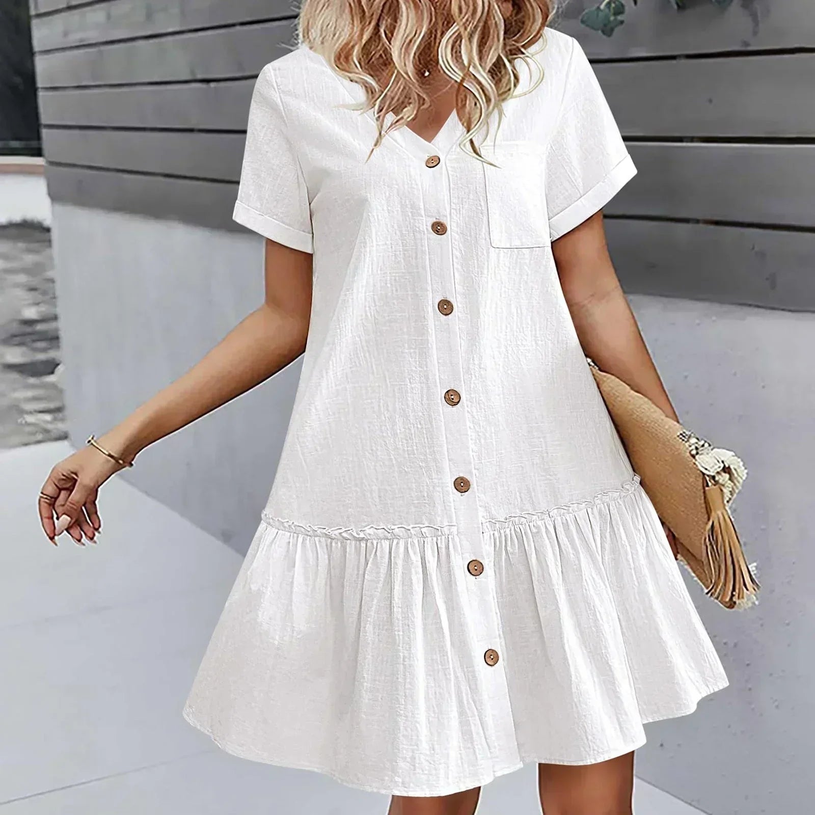 Vestido corto algodón lino con botones y volante casual verano