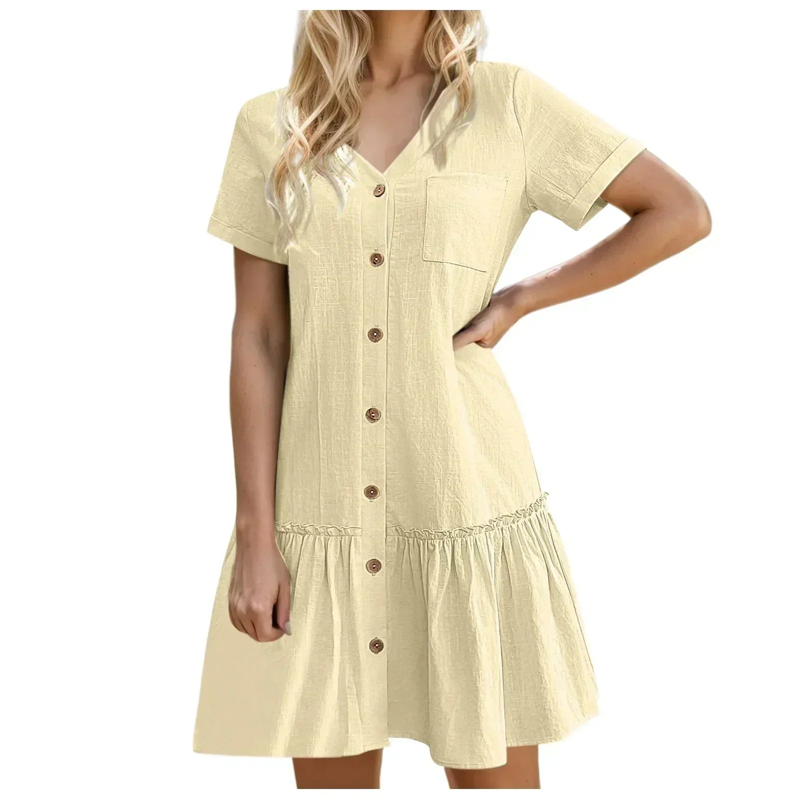 Vestido corto algodón lino con botones y volante casual verano