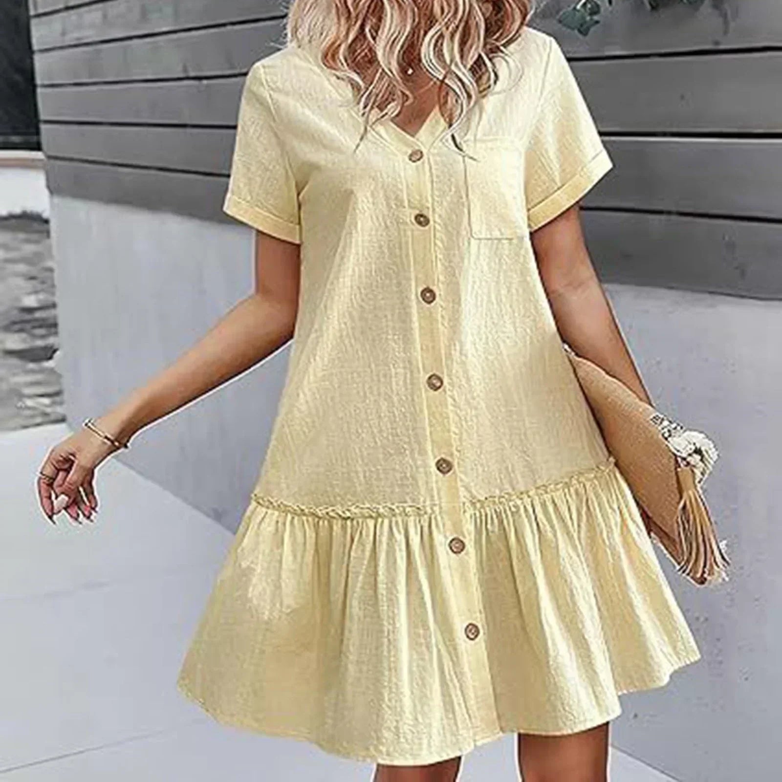 Vestido corto algodón lino con botones y volante casual verano