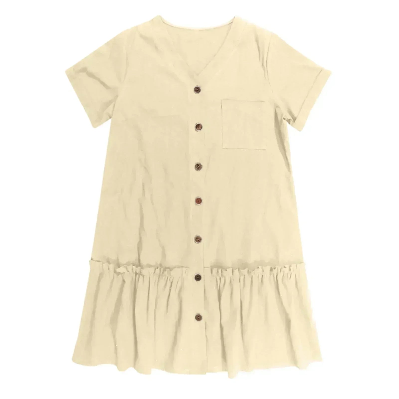 Vestido corto algodón lino con botones y volante casual verano