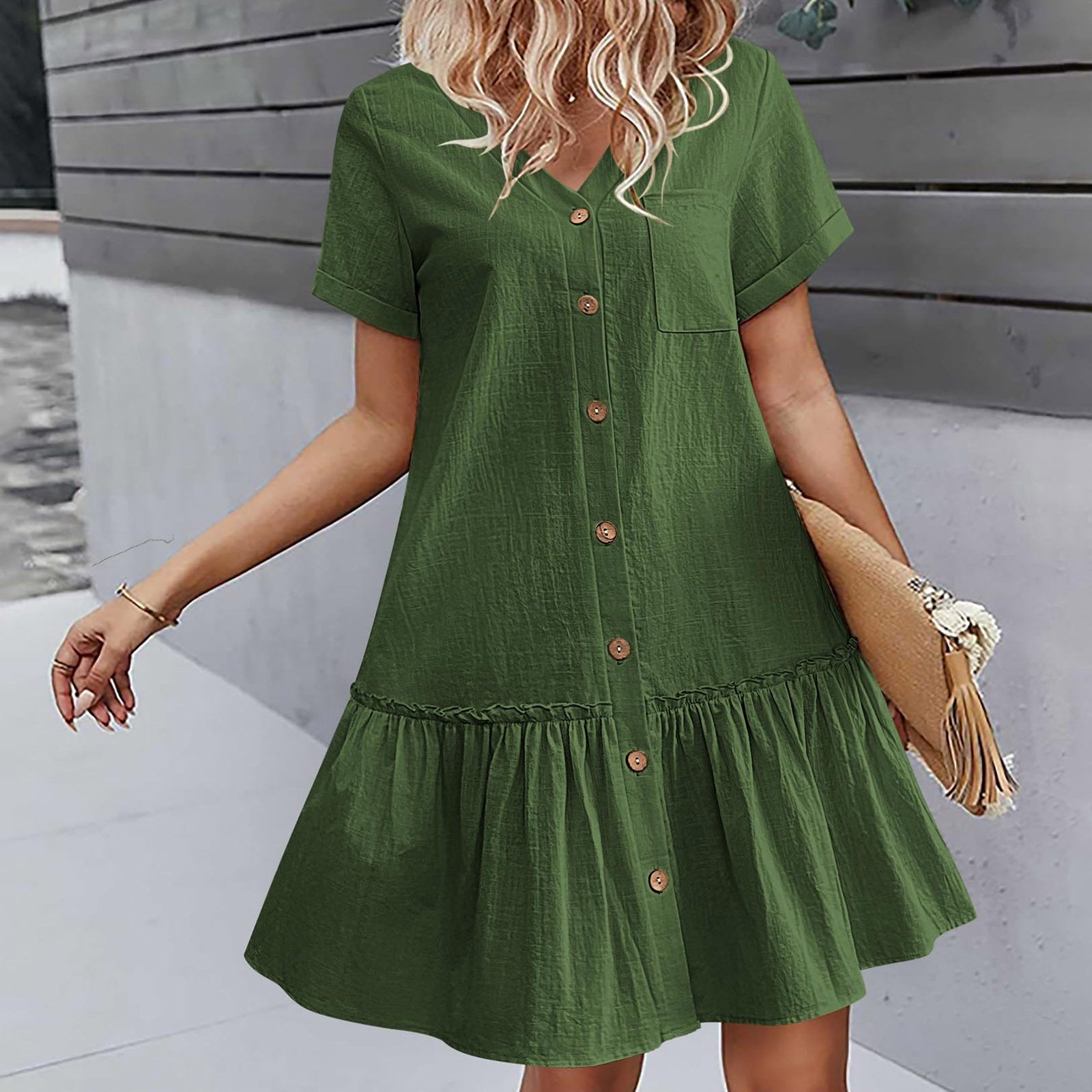Vestido corto algodón lino con botones y volante casual verano
