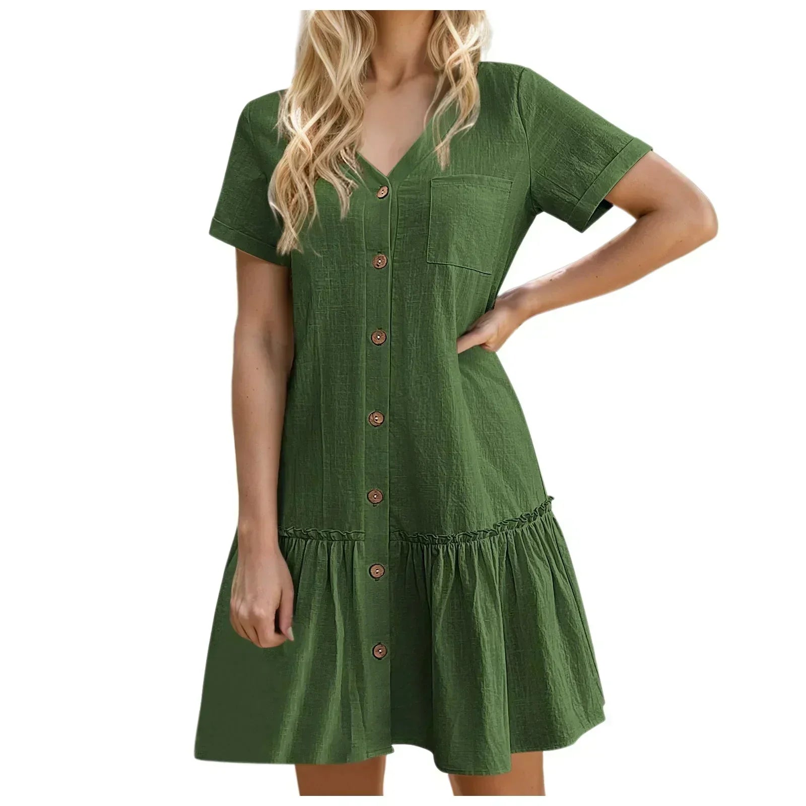 Vestido corto algodón lino con botones y volante casual verano