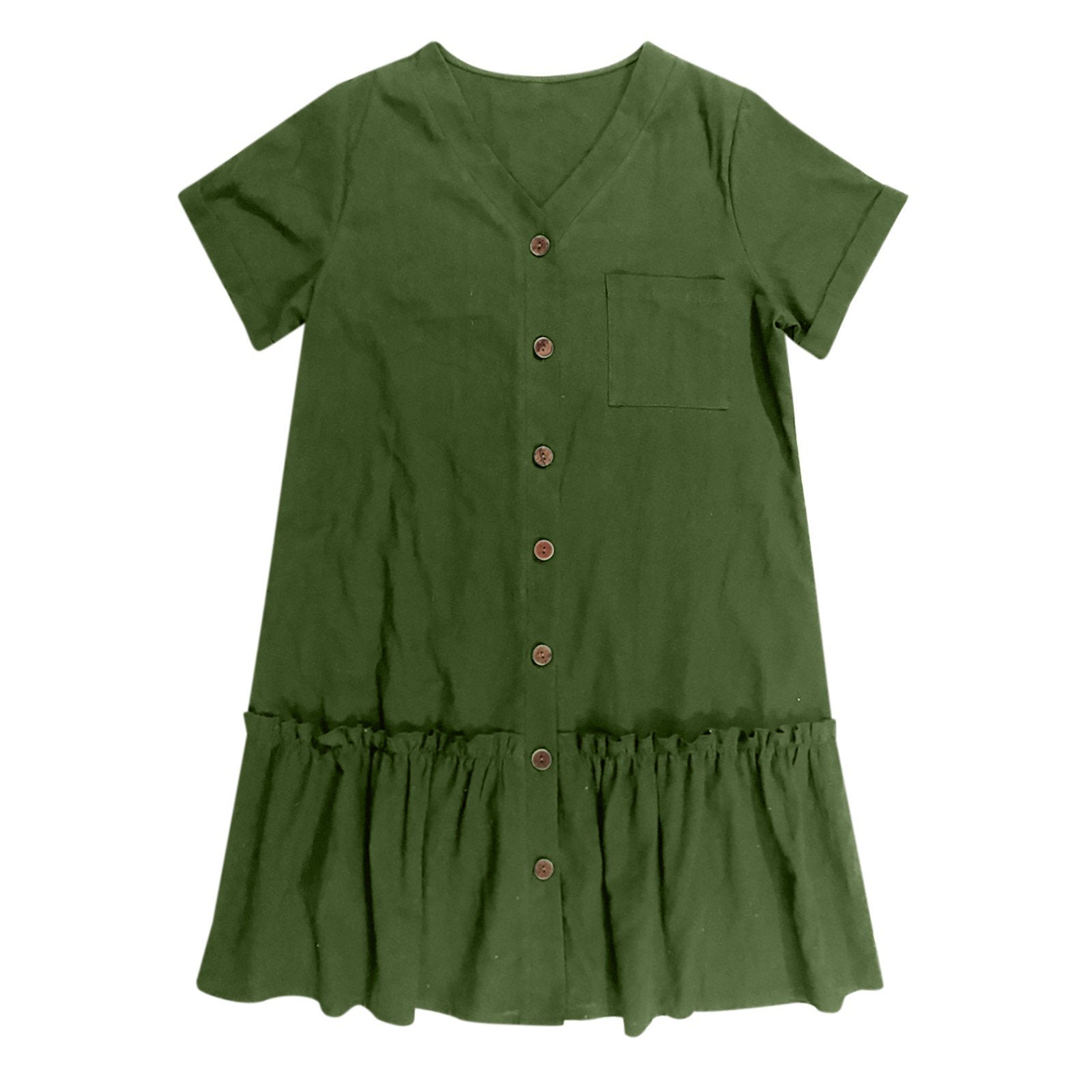 Vestido corto algodón lino con botones y volante casual verano