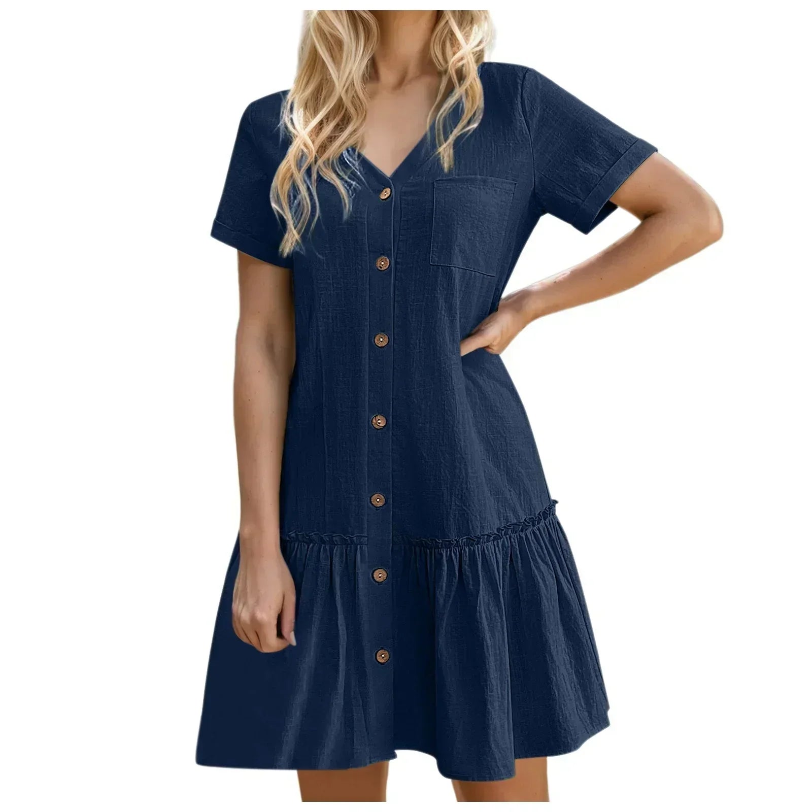 Vestido corto algodón lino con botones y volante casual verano