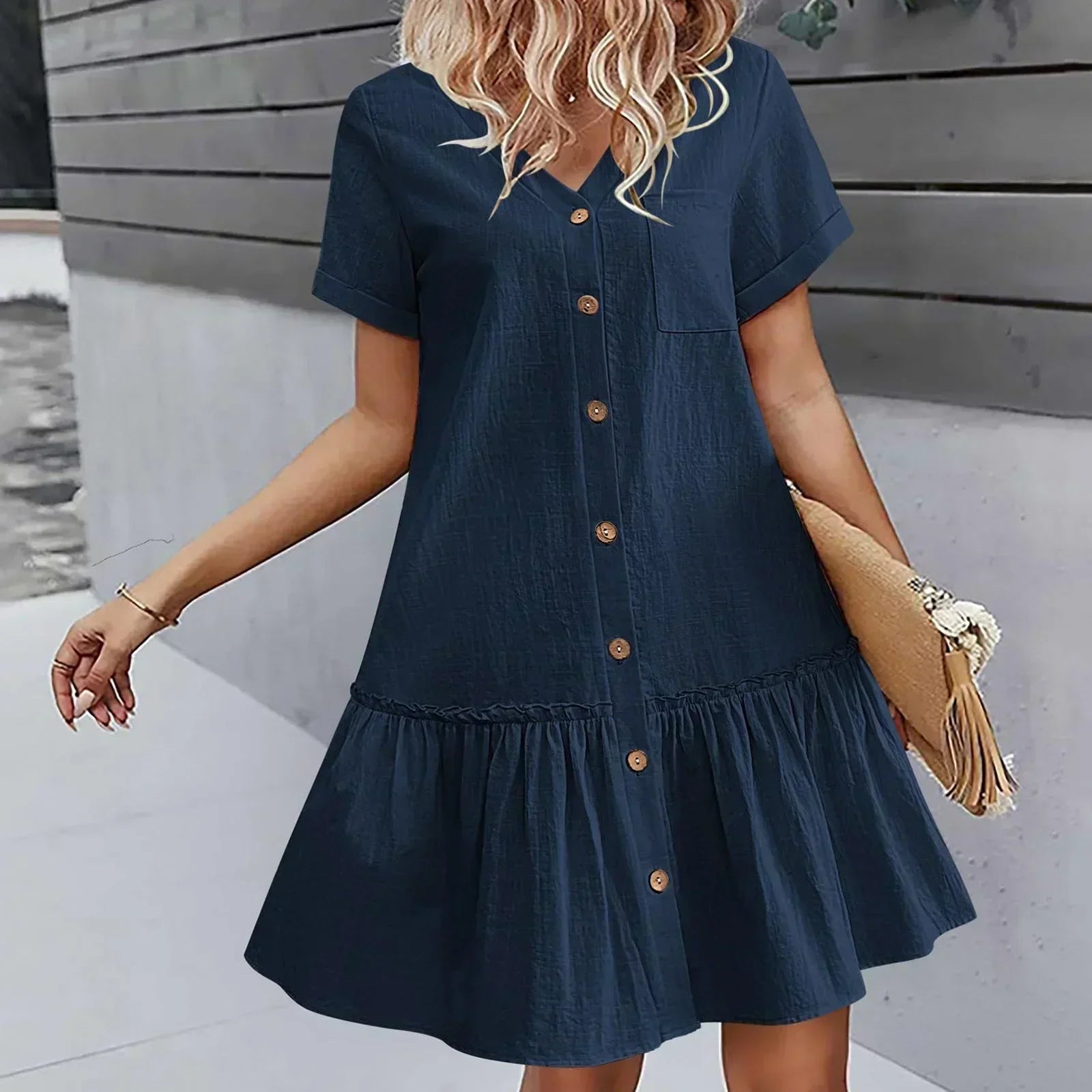 Vestido corto algodón lino con botones y volante casual verano