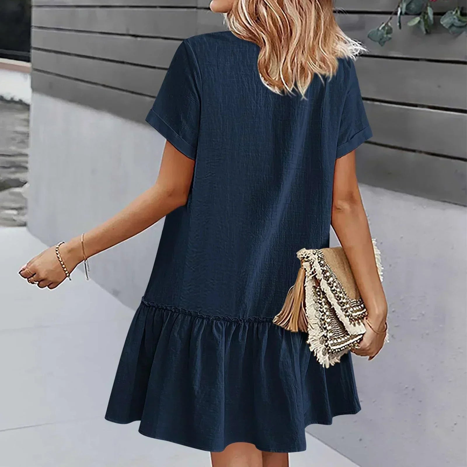 Vestido corto algodón lino con botones y volante casual verano