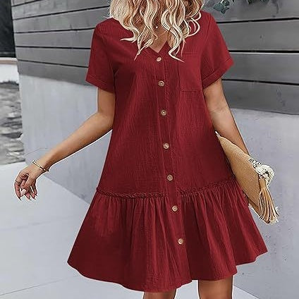 Vestido corto algodón lino con botones y volante casual verano
