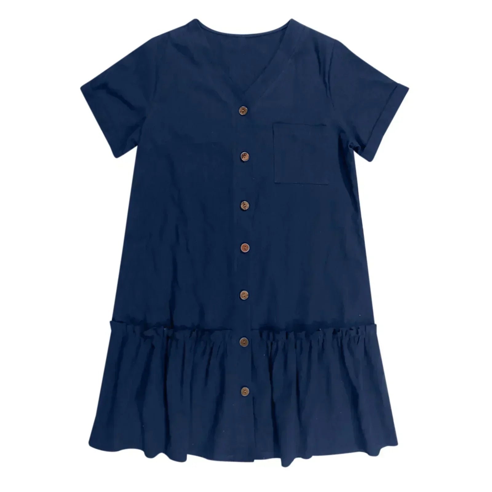 Vestido corto algodón lino con botones y volante casual verano