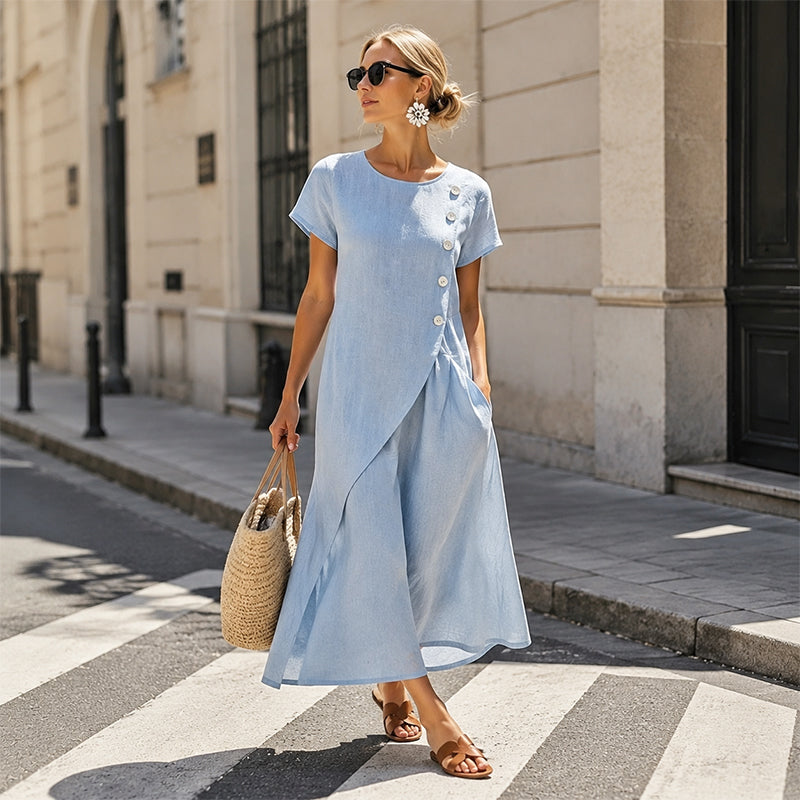 Vestido midi mujer efecto lino con botones asimétricos y bolsillos