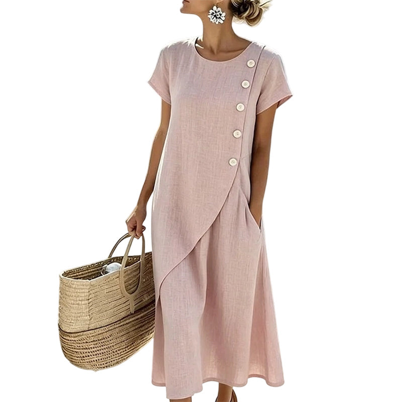 Vestido midi mujer efecto lino con botones asimétricos y bolsillos