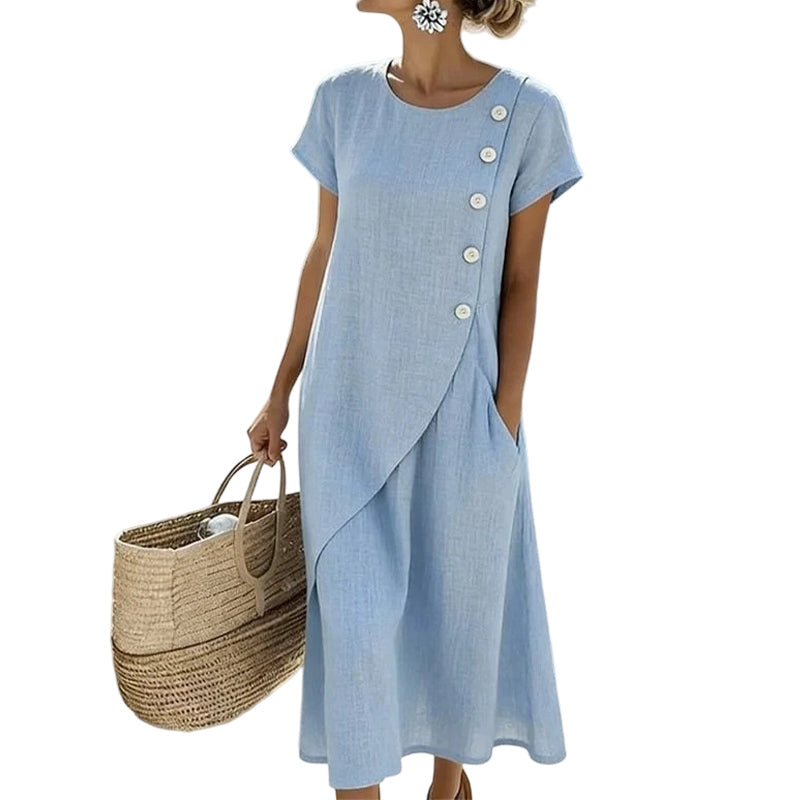 Vestido midi mujer efecto lino con botones asimétricos y bolsillos