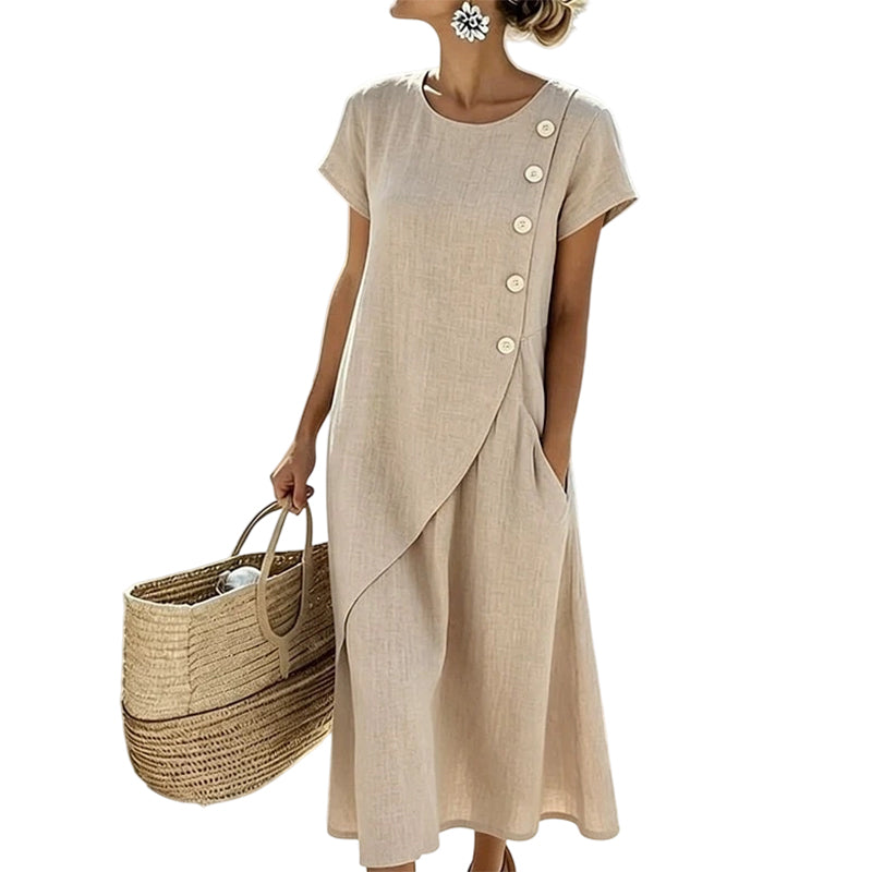 Vestido midi mujer efecto lino con botones asimétricos y bolsillos