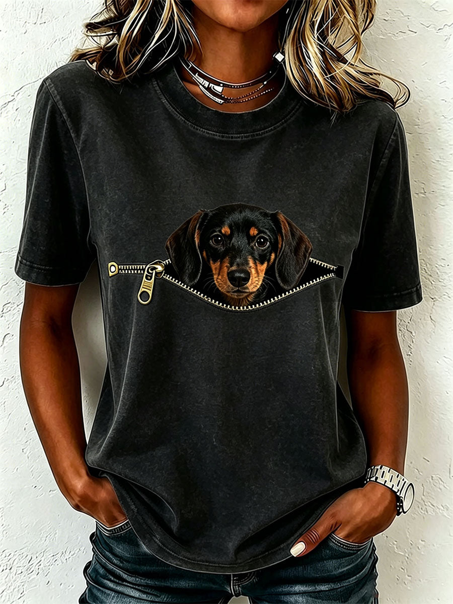 Camiseta de mujer con motivo de teckel y efecto cremallera