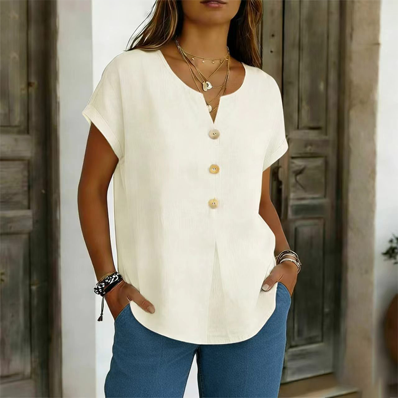 Camiseta mujer cuello V con botones decorativos