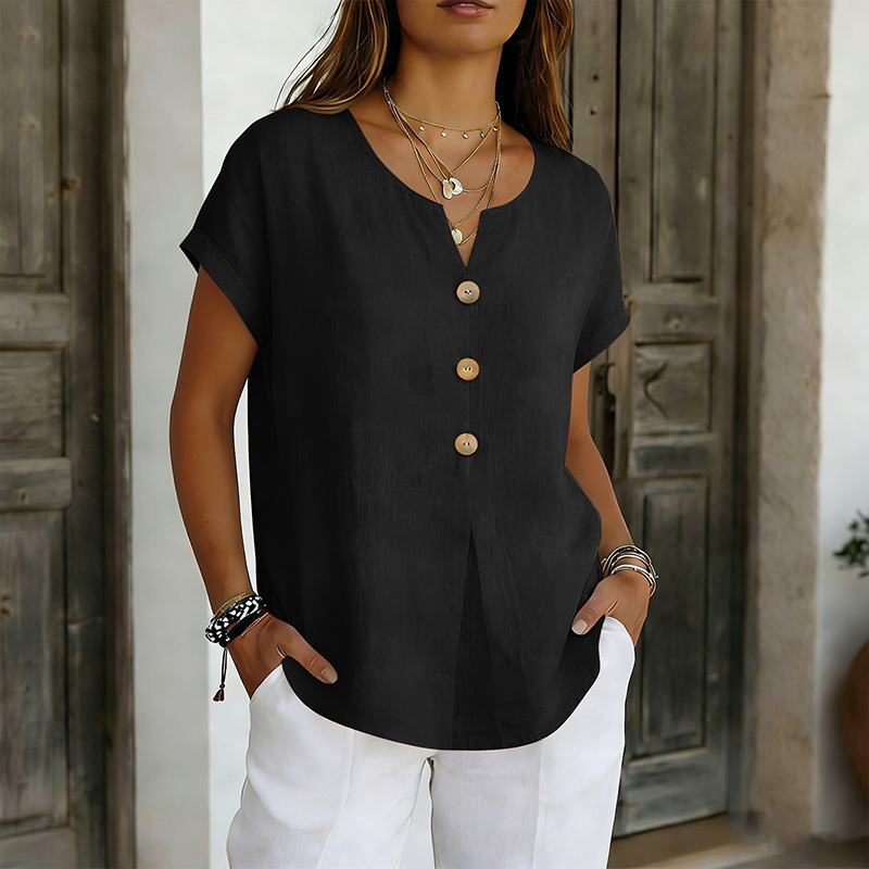 Camiseta mujer cuello V con botones decorativos