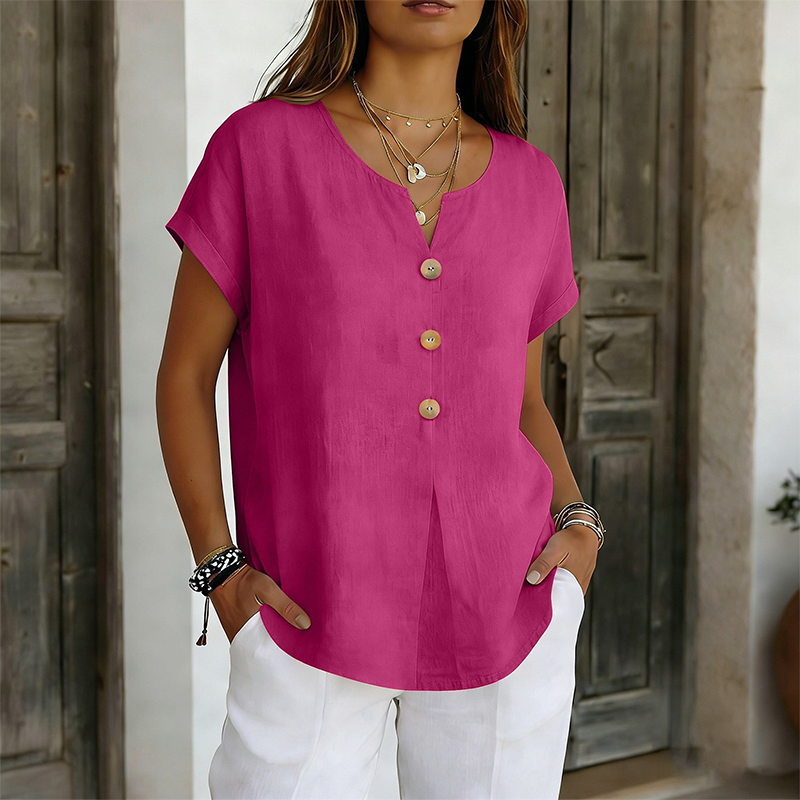 Camiseta mujer cuello V con botones decorativos