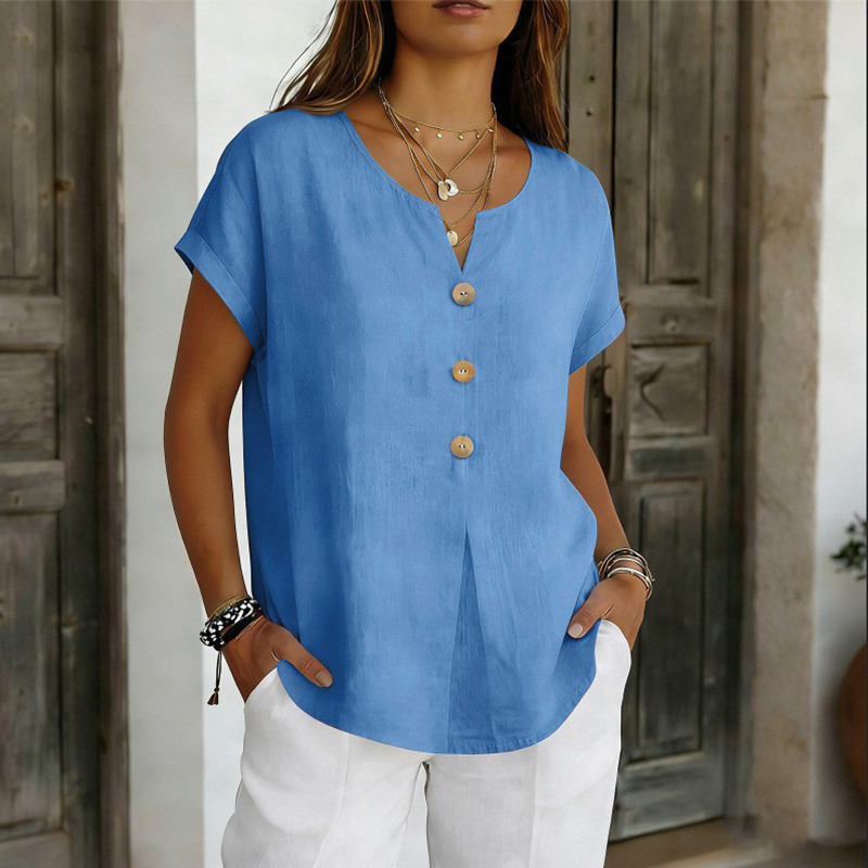 Camiseta mujer cuello V con botones decorativos