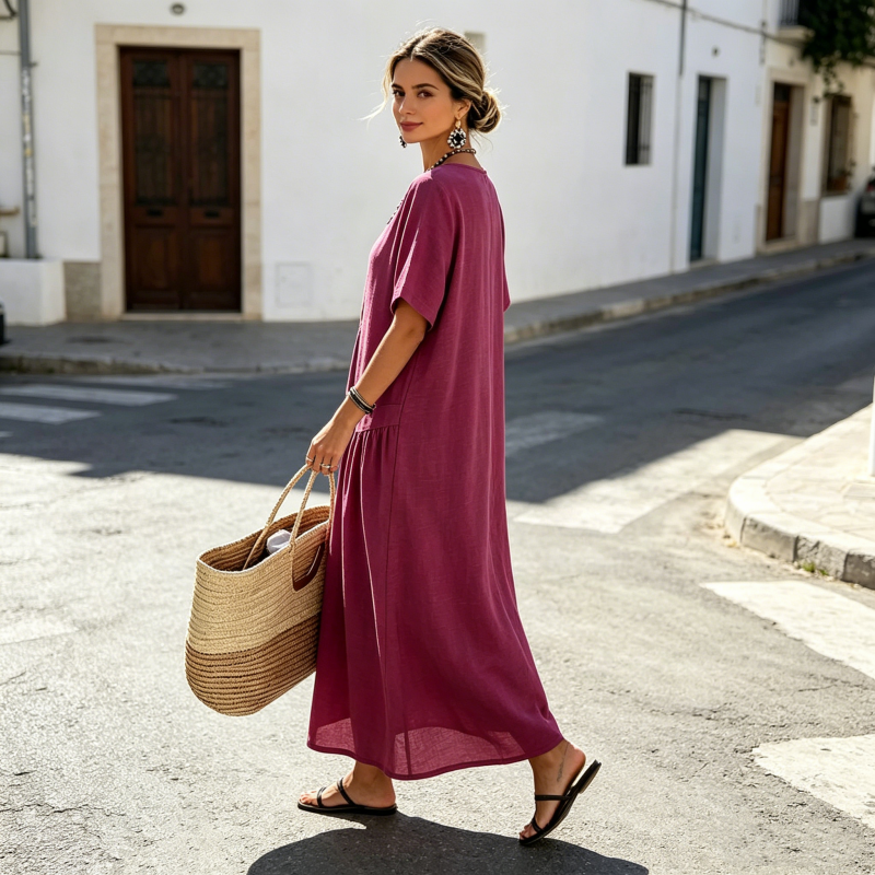 Vestido maxi mujer con botones efecto algodón-lino