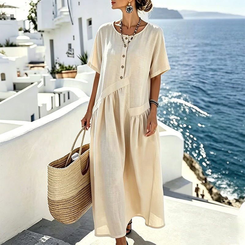 Vestido maxi mujer con botones efecto algodón-lino