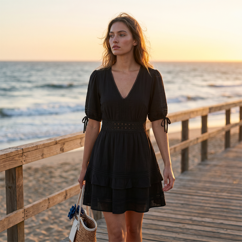 Vestido corto para mujer con cuello en V, encaje calado y volantes