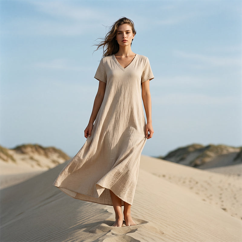 Vestido maxi mujer con cuello en V y bolsillos