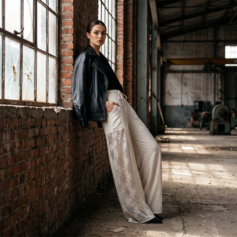 Pantalón mujer fluido con encaje floral y cordón ajustable