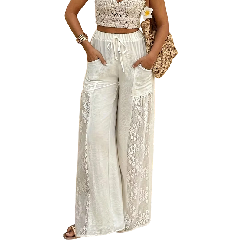 Pantalón mujer fluido con encaje floral y cordón ajustable