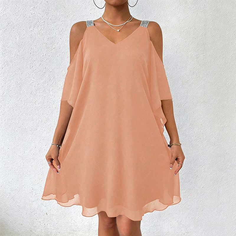 Vestido corto de mujer con hombros descubiertos y tirantes brillantes