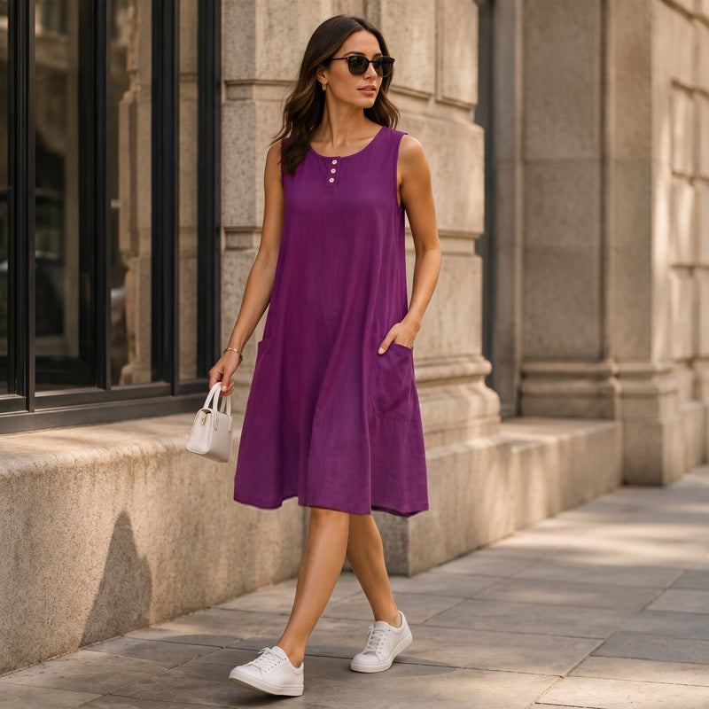 Vestido sin mangas de mujer en algodón y lino con bolsillos