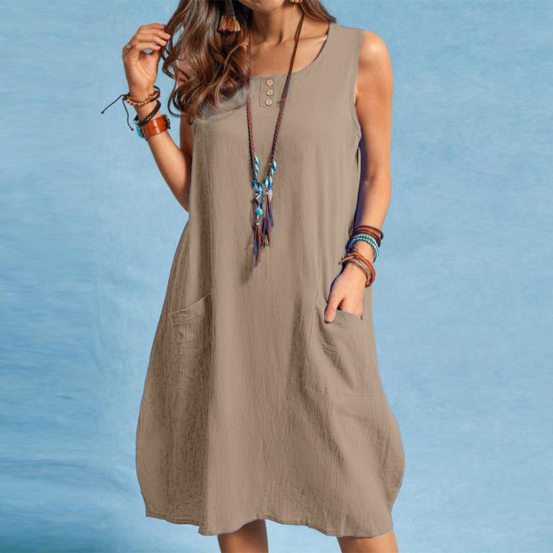 Vestido sin mangas de mujer en algodón y lino con bolsillos