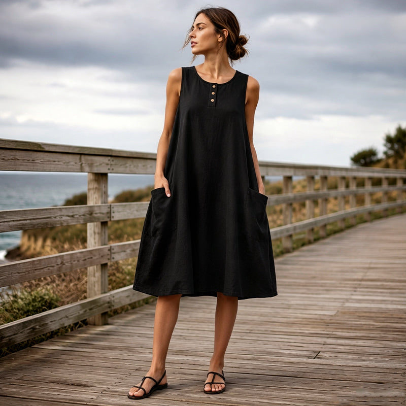 Vestido sin mangas de mujer en algodón y lino con bolsillos