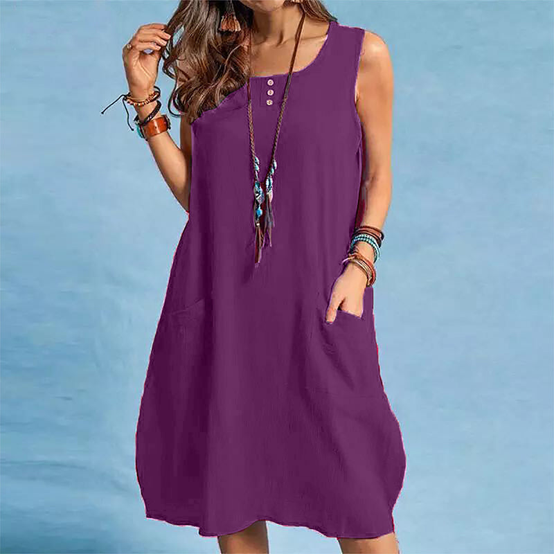 Vestido sin mangas de mujer en algodón y lino con bolsillos