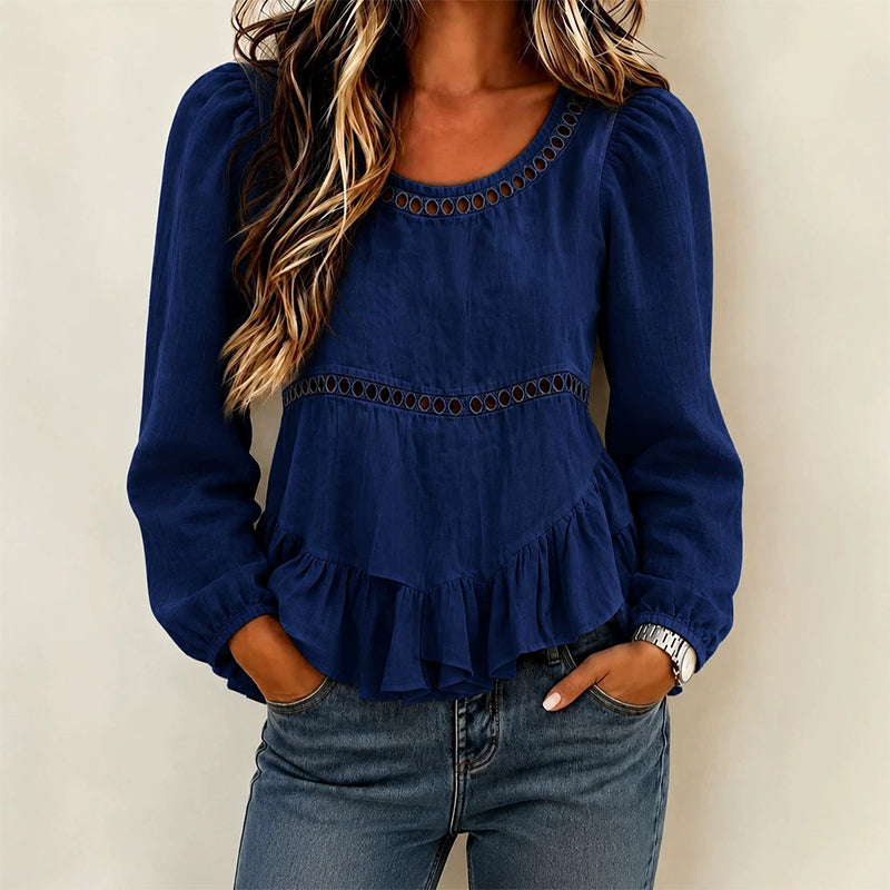 Blusa elegante para mujer con mangas abullonadas y volantes